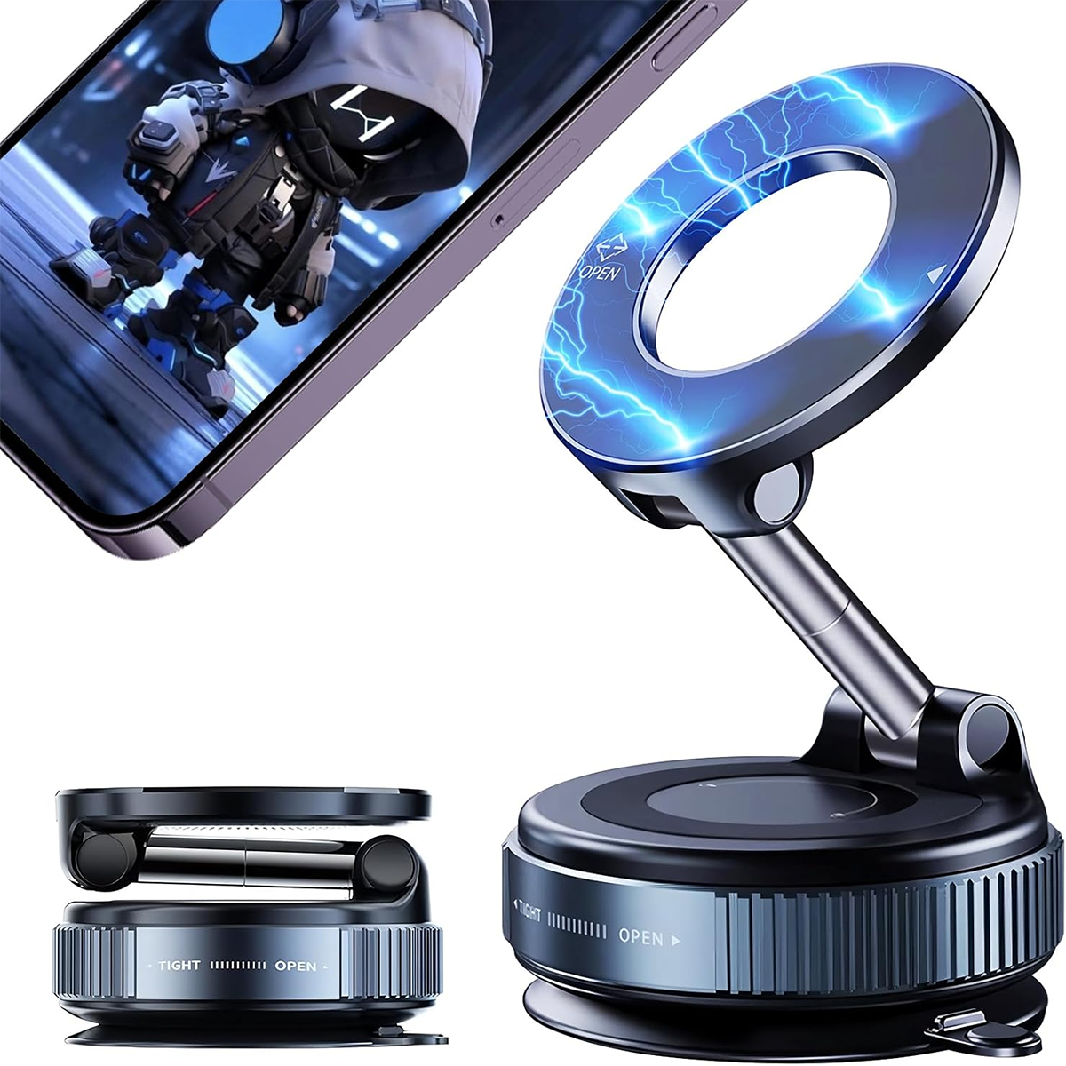 Magnetic Car Phone Mount, 360° Foldable Vacuum Magnetic Phone Holder, Hands-Free Suction Cup Phone Holder