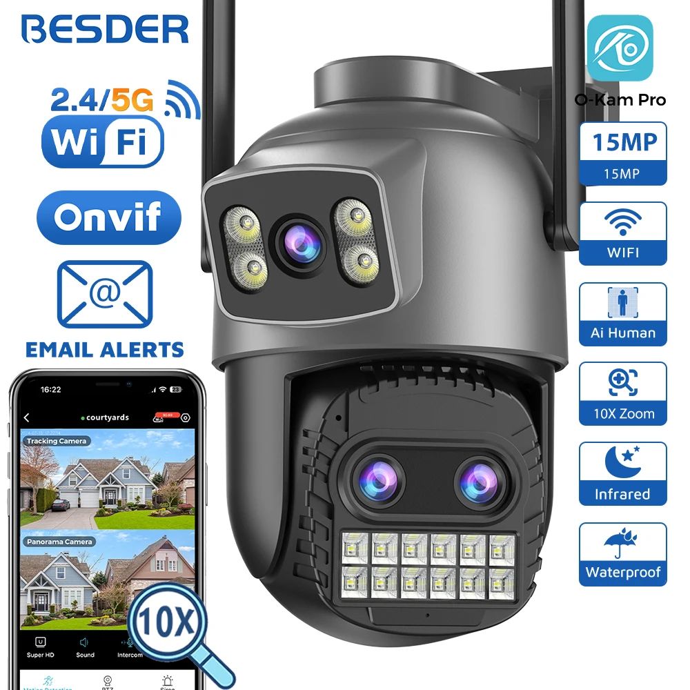 BESDER 15MP Outdoor WiFi PTZ Security Camera with Dual Screens and 10X Zoom