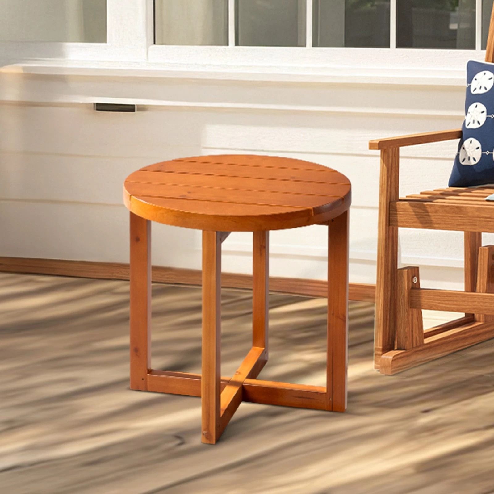 Elegant Wooden Round Side Table for Indoor & Outdoor Spaces – Teak Finish, Compact Coffee Table