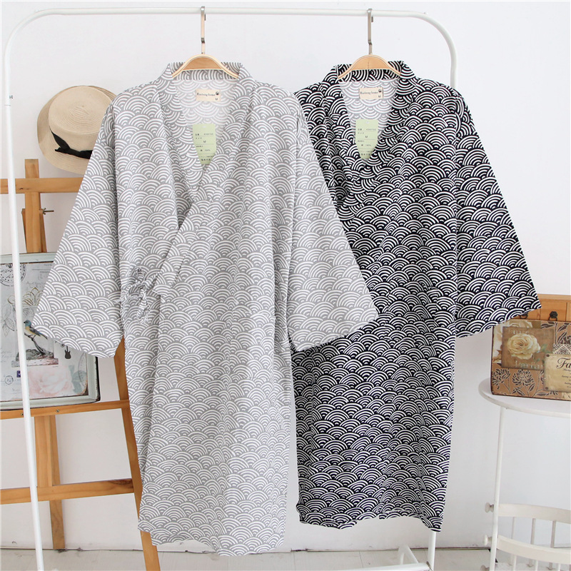 Men's Hooded Cotton Gauze Robe, Thin Yukata Kimono Pajamas, V-Neck Cotton Bathrobe