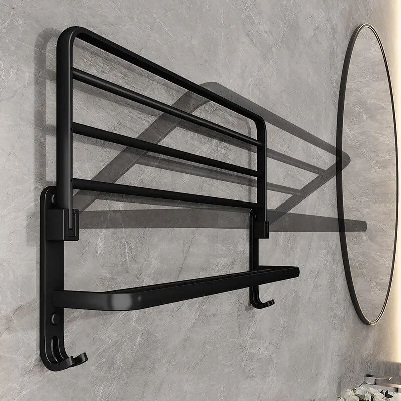 Matte Black Towel Holder with Hook, Wall-Mounted Aluminum Rack