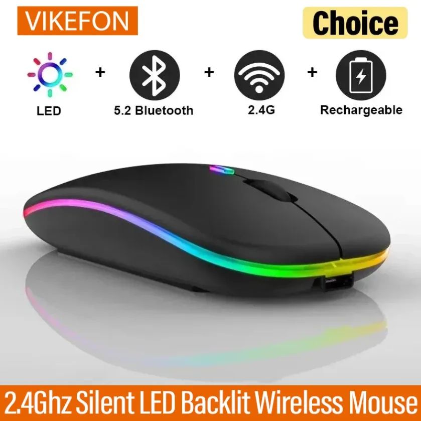 Rechargeable Dual Mode Silent Wireless Mouse with LED Backlight - Slim Wireless Mouse for PC & Laptop