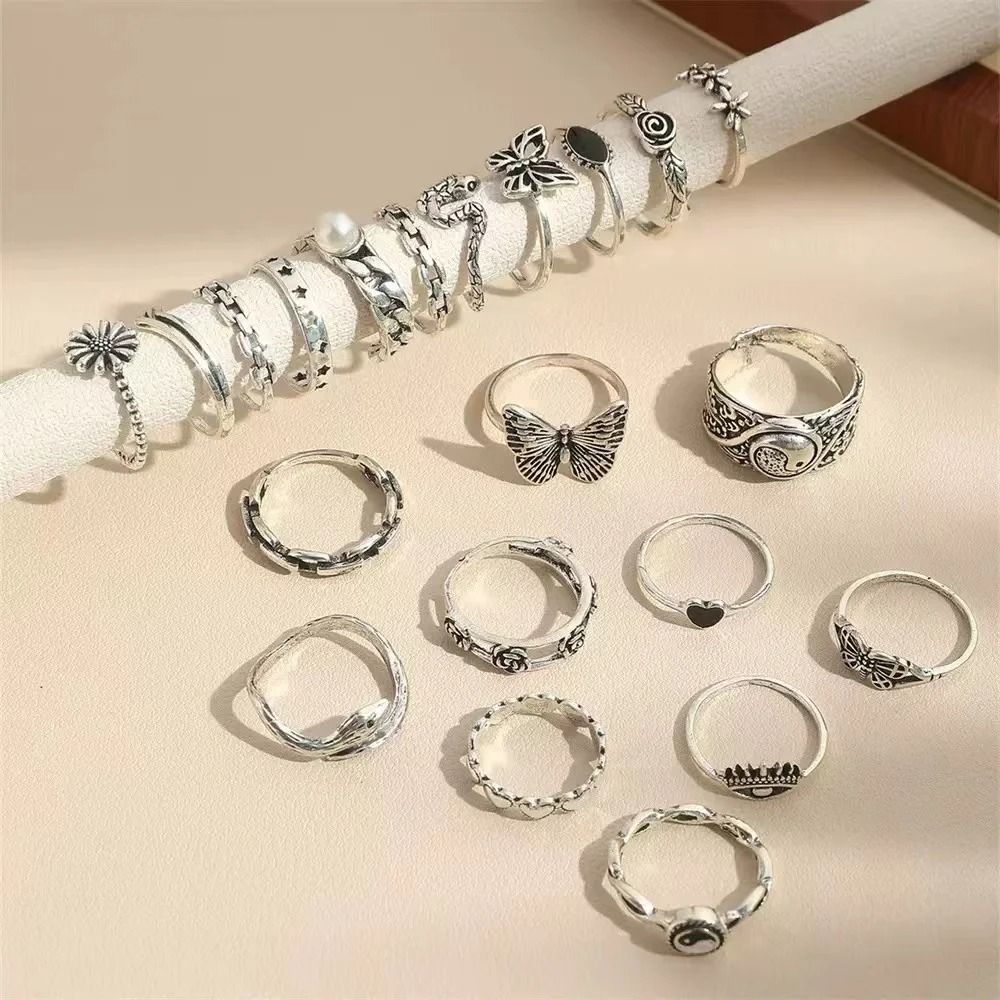 Punk Style Multi Element Ring Set with Butterfly Heart and Tai Chi Designs