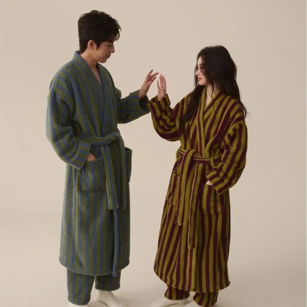 Thickened Flannel Robe & Pants Pajamas Set – Professional Autumn/Winter Striped Couples Home Clothes
