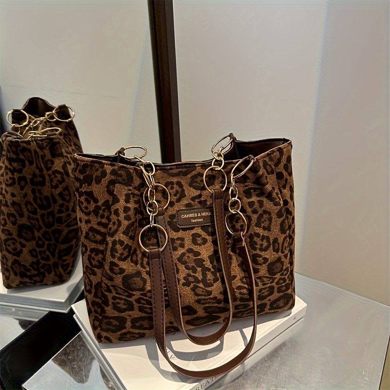Vintage Leopard Print PU Tote Shoulder Bag Stylish Brown Handbag for Women Perfect for Shopping Commuting Office
