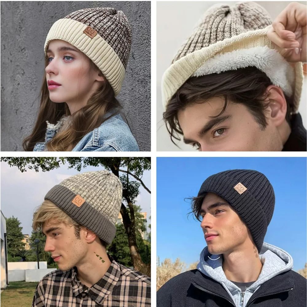 Unisex Two Tone Winter Fur Lined Beanie Hat
