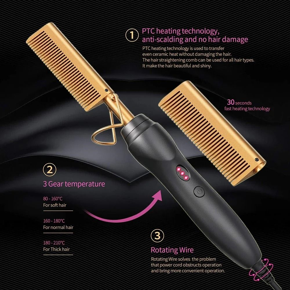 Hot Comb Hair Straightener Portable Ceramic Heat Pressing Comb for Hair and Beard