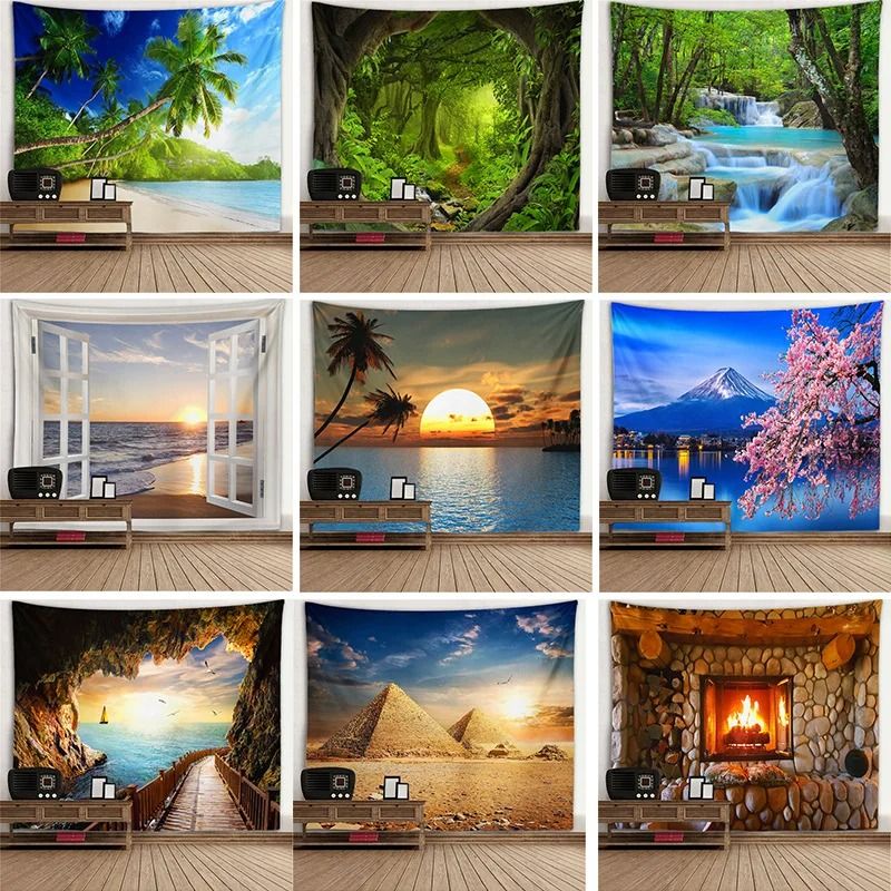 3D Window Scenery Tapestry Forest View Wall Hanging Mural Cloth Decor