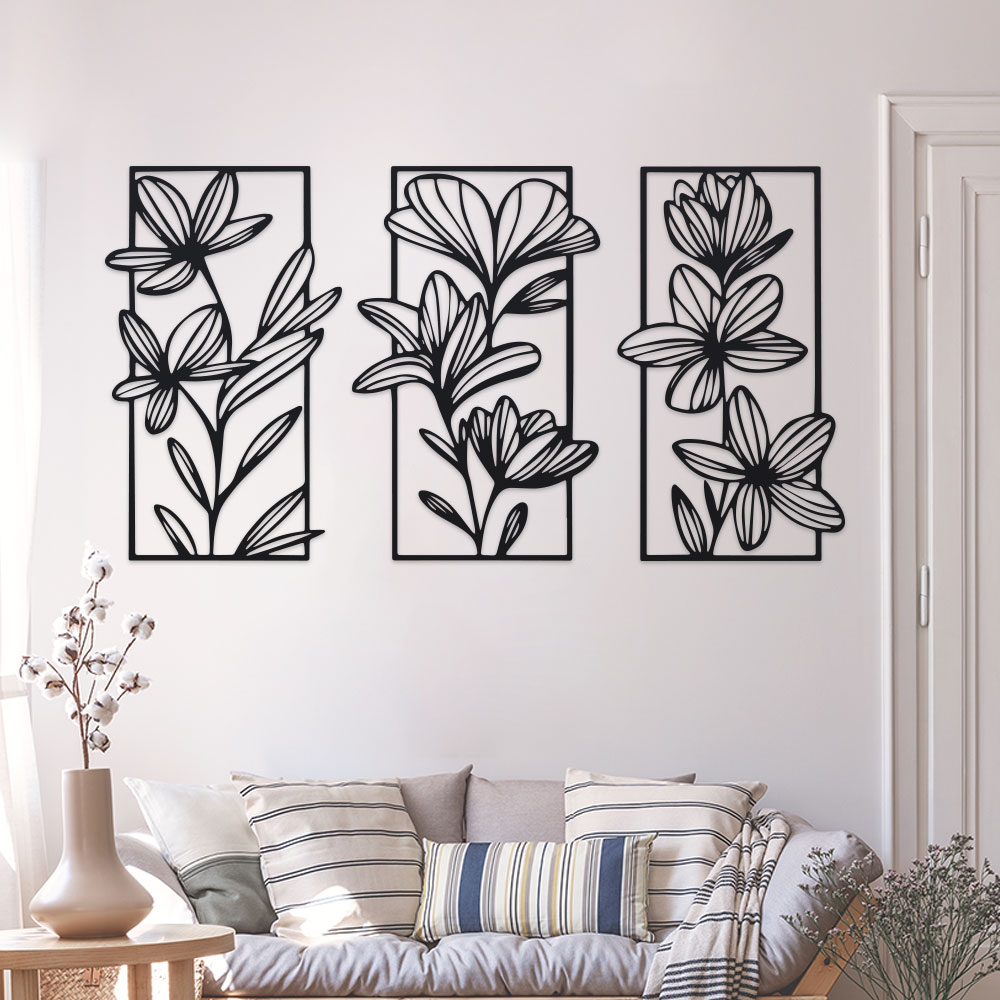 3 Piece Floral Metal Wall Sculptures, Classic Iron Wall Art Decor for Bedroom, Elegant Modern Flower Wall Murals