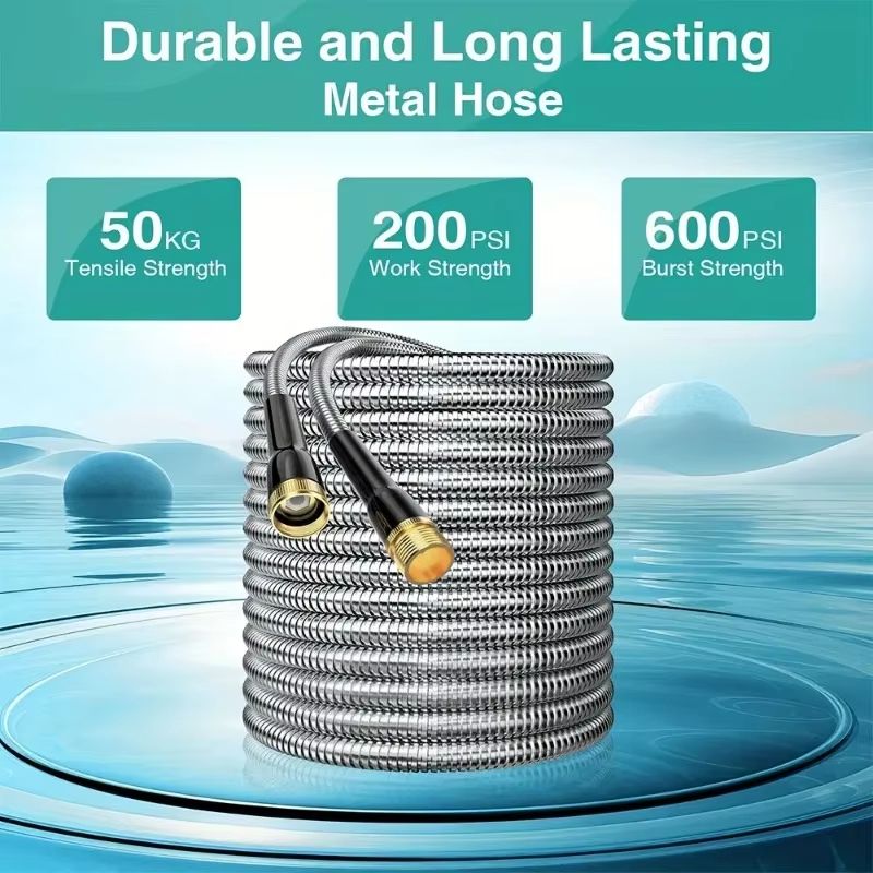 Heavy Duty Garden Hose with Stainless Steel Pipe and Adjustable 10-Function Spray Nozzle