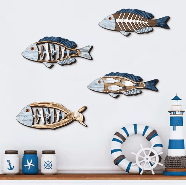 Coastal Wooden Fish Wall Decor Set – Hand-Carved Ocean Marine Wall Hanging Art