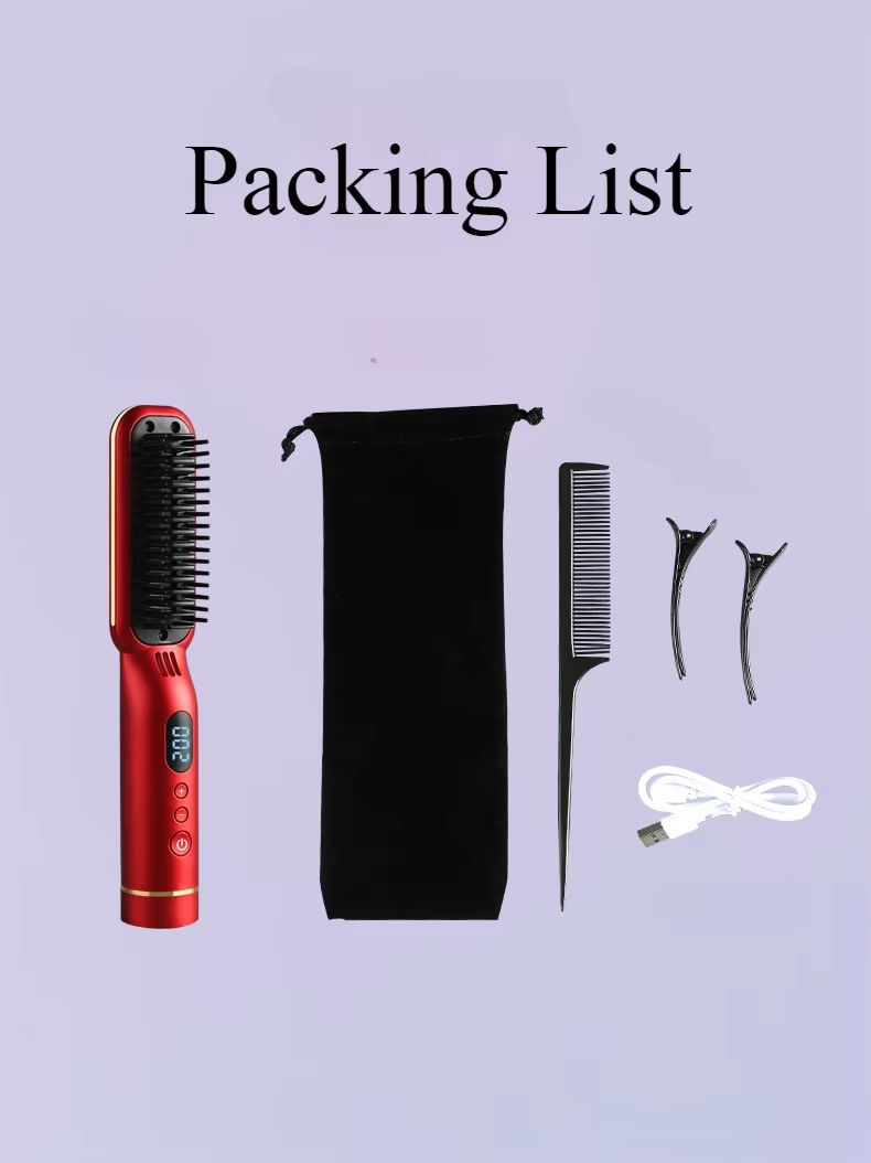 Wireless Negative Ion Hair Straightener Comb 2-in-1 Rechargeable Hair Styling Brush with LED Display