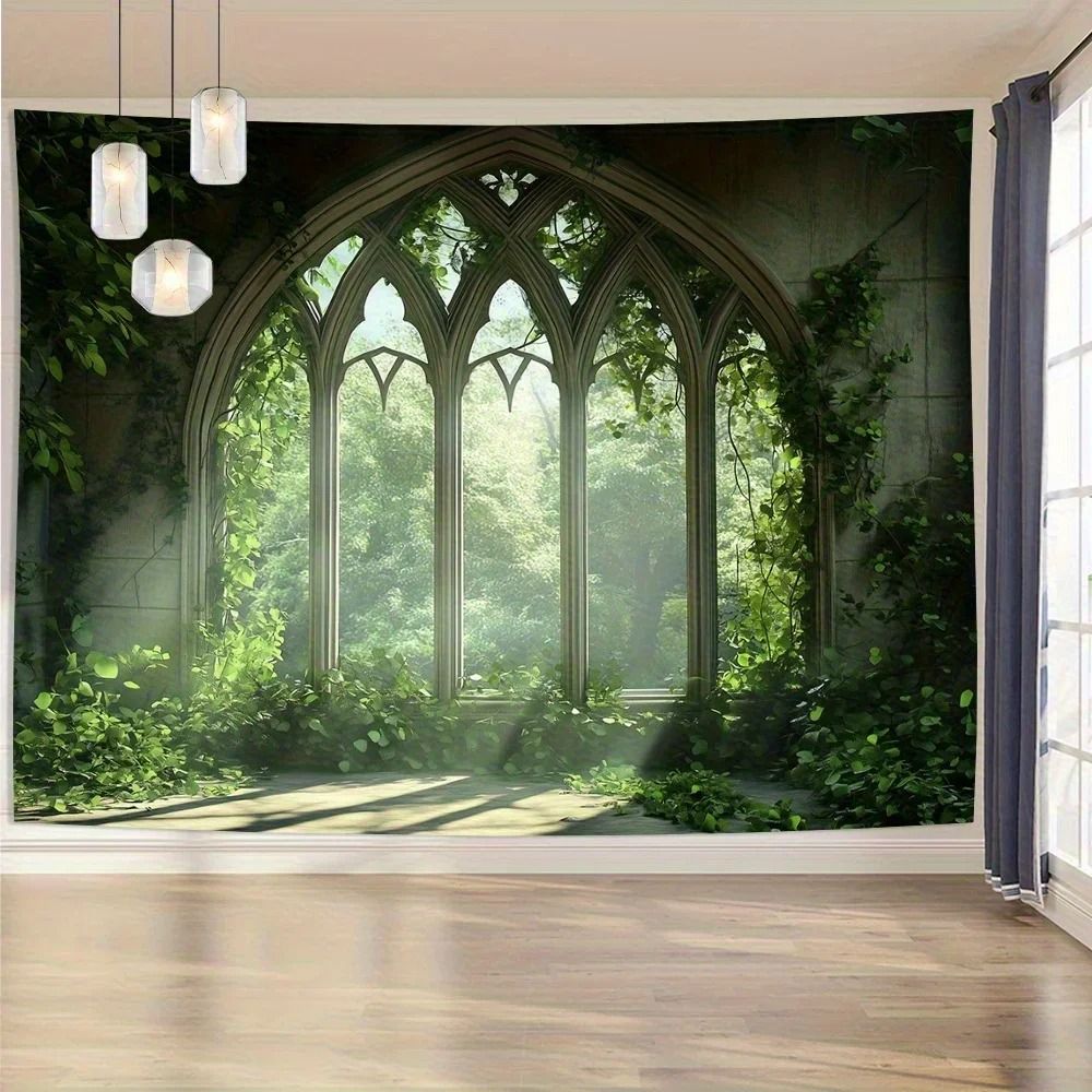 Enchanted Gothic Window Lush Garden Tapestry