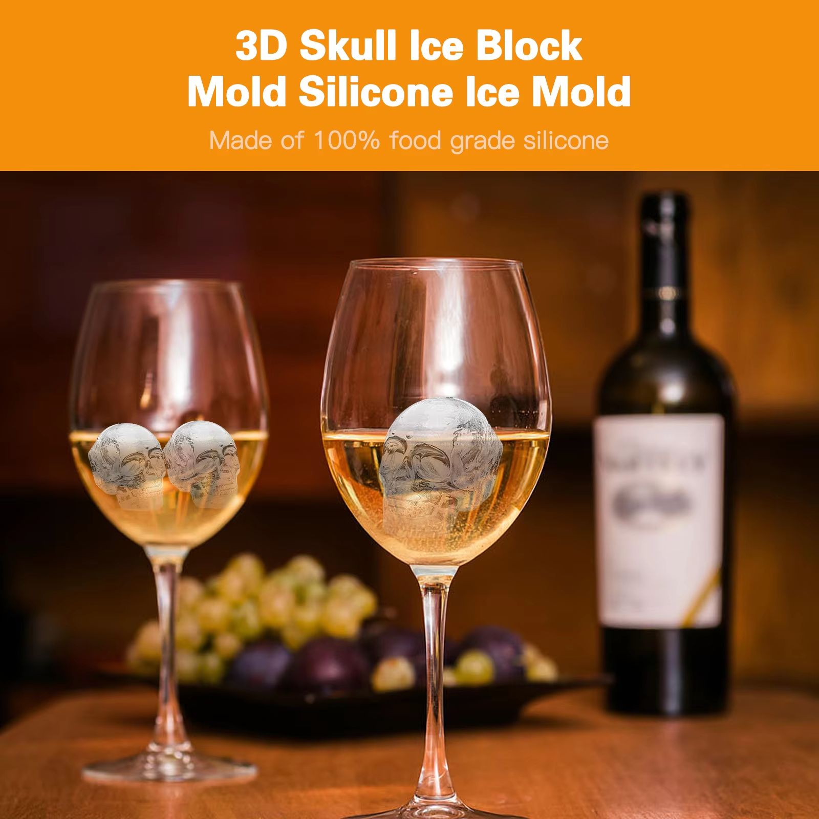 Skull & Whiskey Silicone Ice Mold – 10-Cavity Food-Grade Ice Block Tray with Filling Funnel