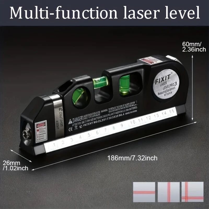 Multipurpose Laser Level Line Tool – Cross Line Laser with 8 Ft Measuring Tape & Standard Level Kit