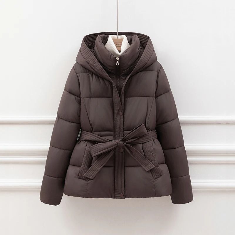 Womens Slimming Hooded Puffer Jacket | Belted Winter Cotton Coat