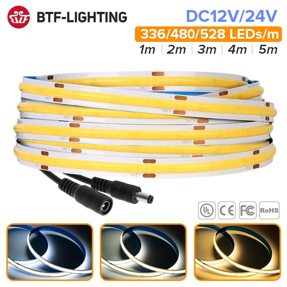 FCOB High-Density COB LED Strip Light (RA90), 12V/24V Linear Dimmable - Warm/Natural/Cool White