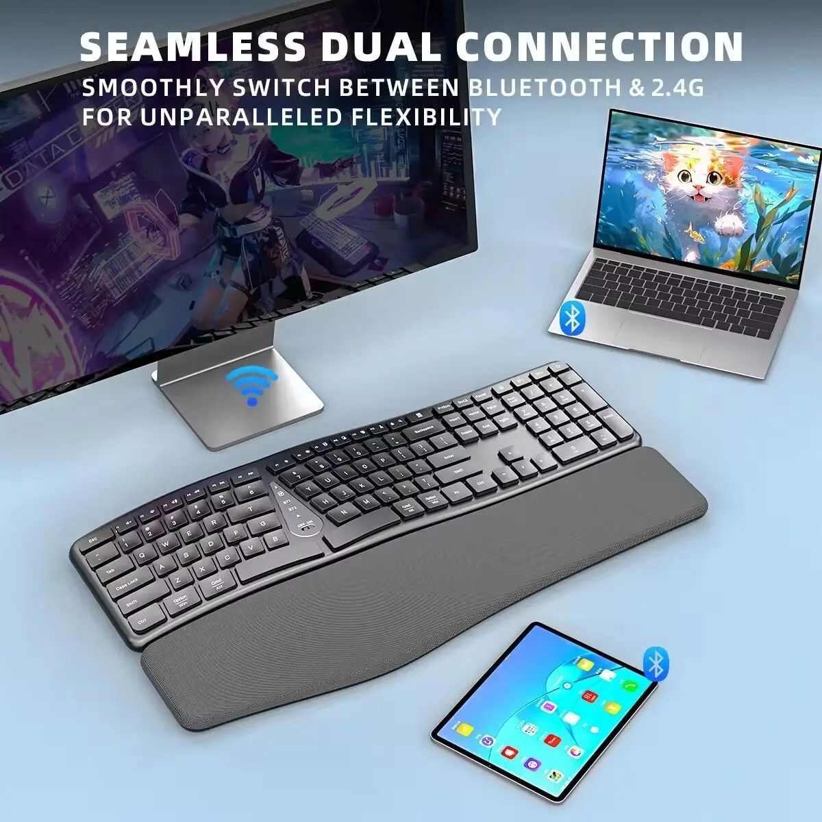Ergonomic Wireless Keyboard with Palm Rest Multi Device Bluetooth Rechargeable