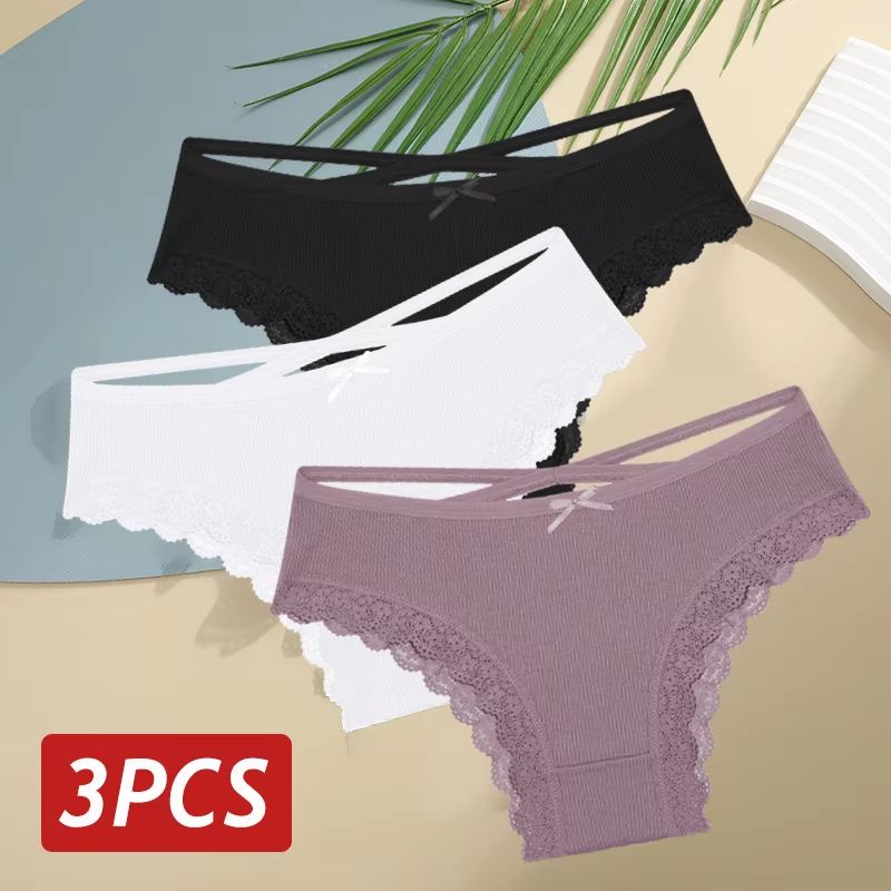 Women's 3-Piece Cotton Low-Rise Lace Brazilian Panties Set Breathable Soft Underwear S-XL