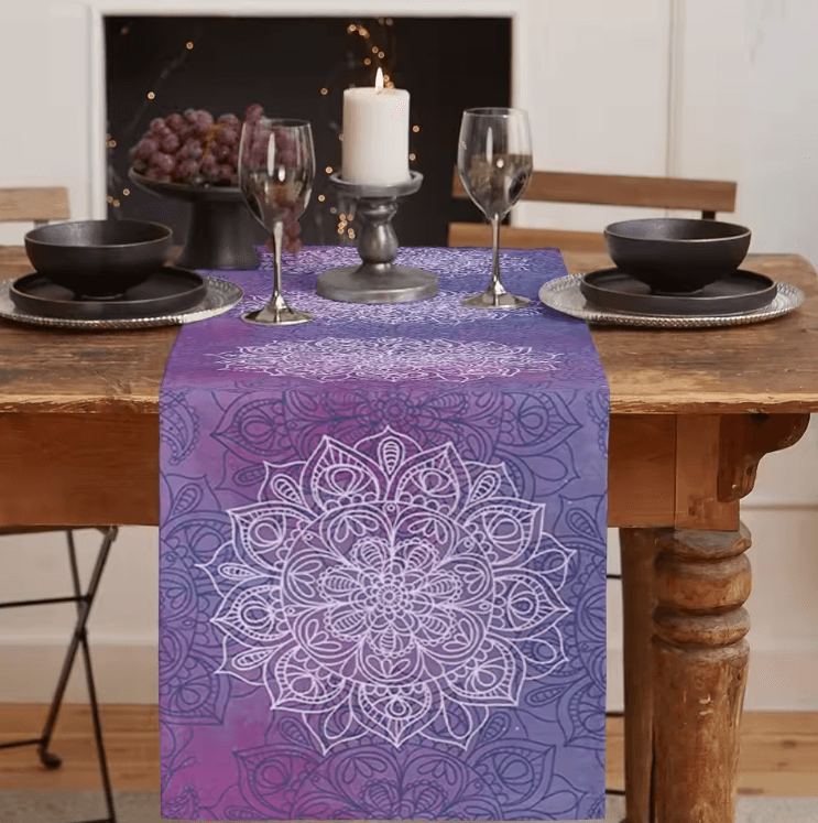 Bohemian Mandala Floral Linen Table Runner – Rustic Farmhouse Boho Table Decor
