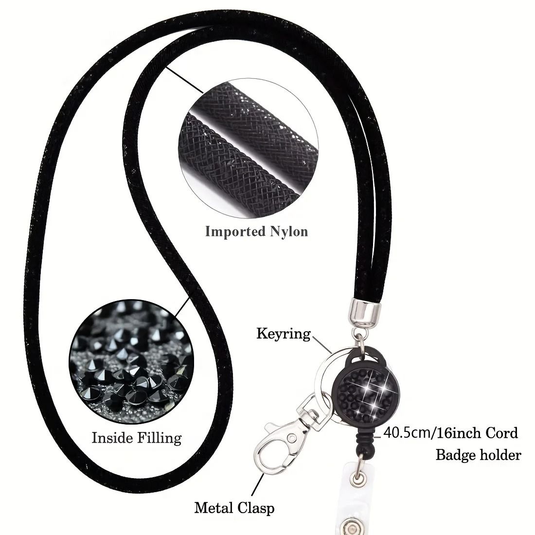 Sparkly Rhinestone Retractable Lanyard and Badge Holder for Women
