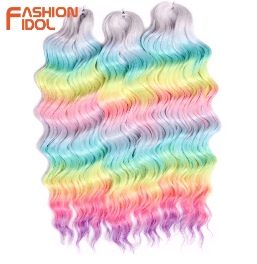 FASHION IDOL 24-Inch Ombre Rainbow Water Wave Crochet Hair, Synthetic Deep Wave Braiding Extensions