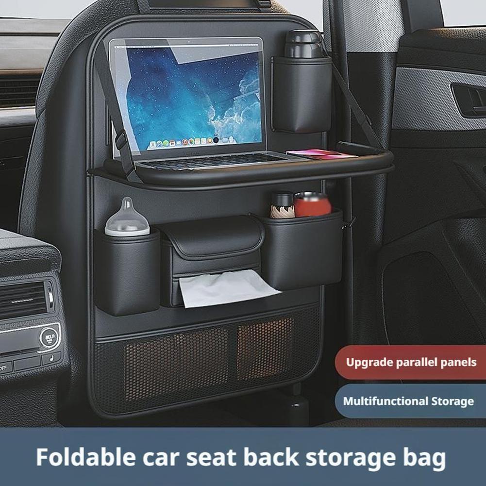Car Seat Back Organizer with Foldable Table – PU Leather Spacious Storage Bag with Multiple Pockets for Car.