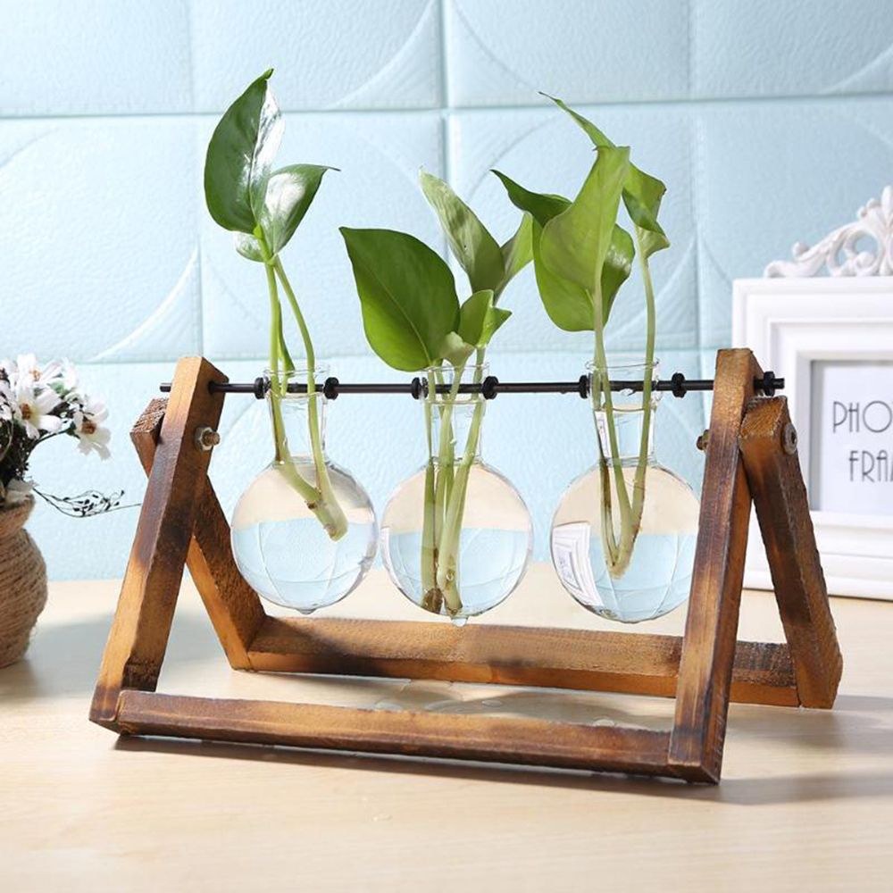 Wooden Frame hydroponic terrarium Glass Vase Tabletop Planter for Modern Home Decor