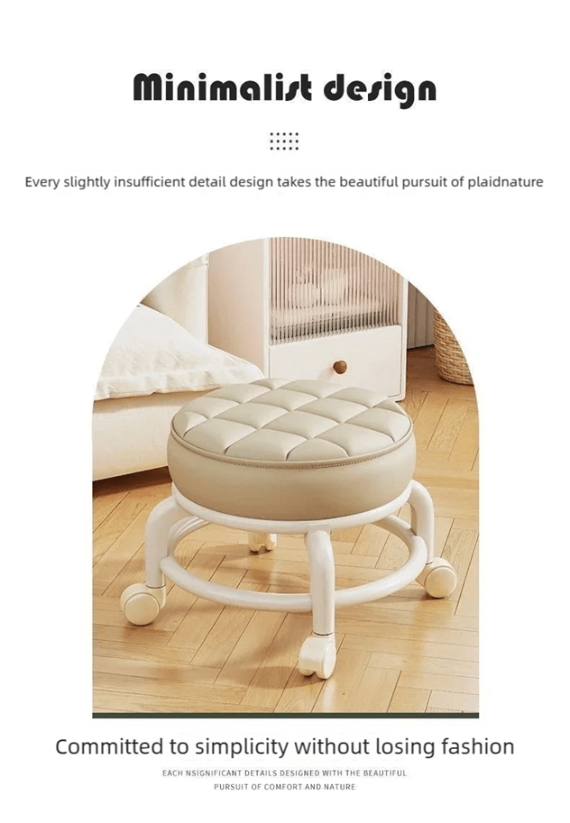 PU Leather Rolling Stool with Wheels Low Profile Padded Seat