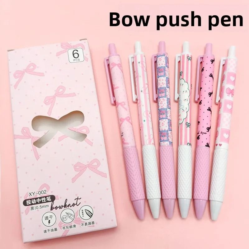 Pink Bowknot Quick-Dry Gel Pens – 6pcs Fine Point 0.5mm Smooth Writing for Office and School Supplies