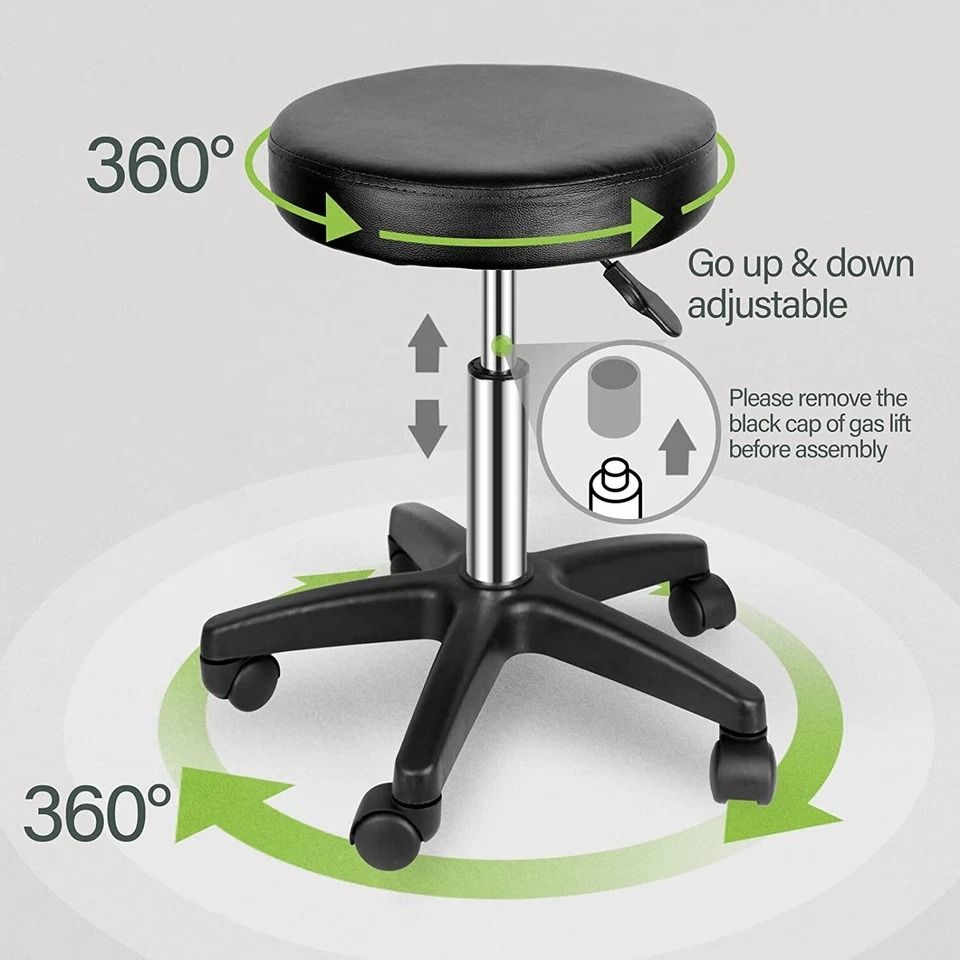 Adjustable Round Rolling Stool, Salon Swivel PU Leather Stool, Height Adjustable with Wheels, Smooth Casters