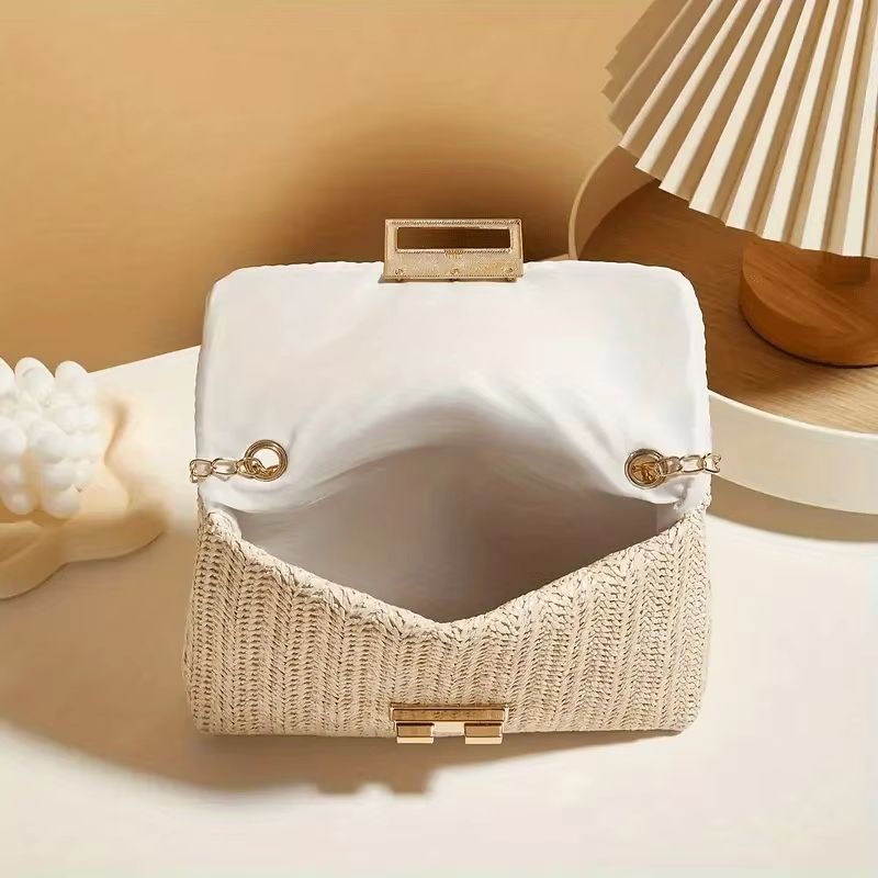 Woven Straw Shoulder Bag Small Crossbody Handbag with Polyester Lining