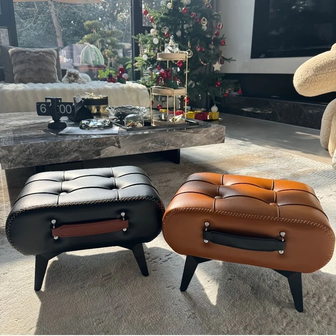 Oil and Wax Leather Footstool Multifunctional Low Stool for Living Room and Bedroom