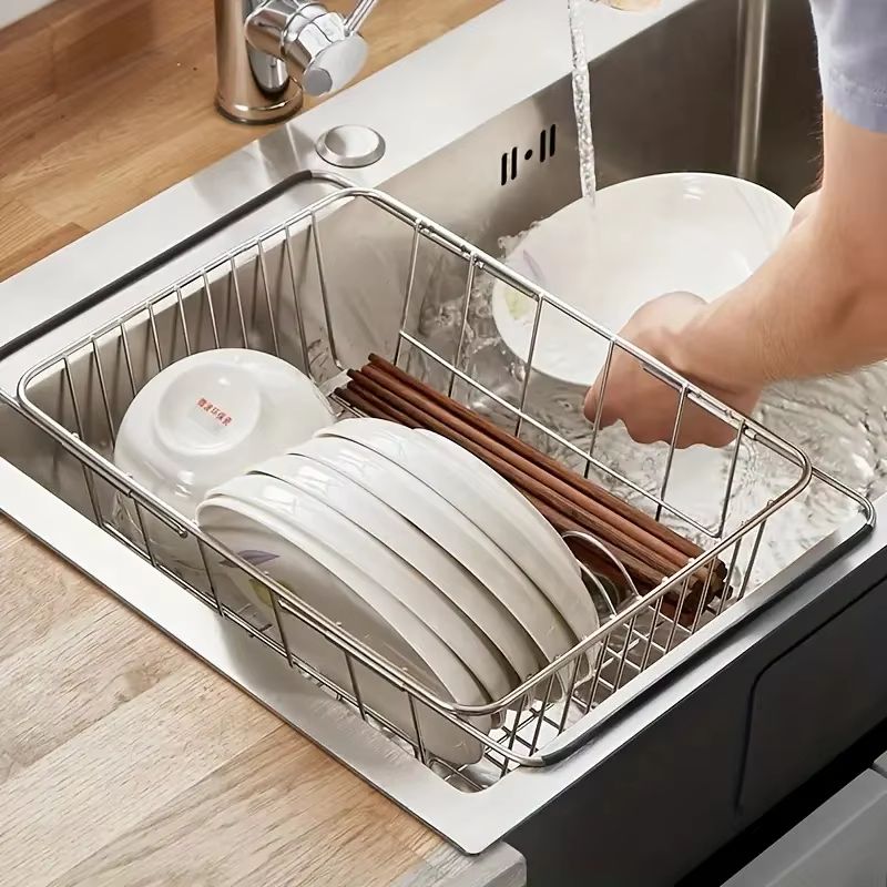 Retractable Sink Drain Rack Adjustable Dish and Produce Washing Basket for Kitchen Sink