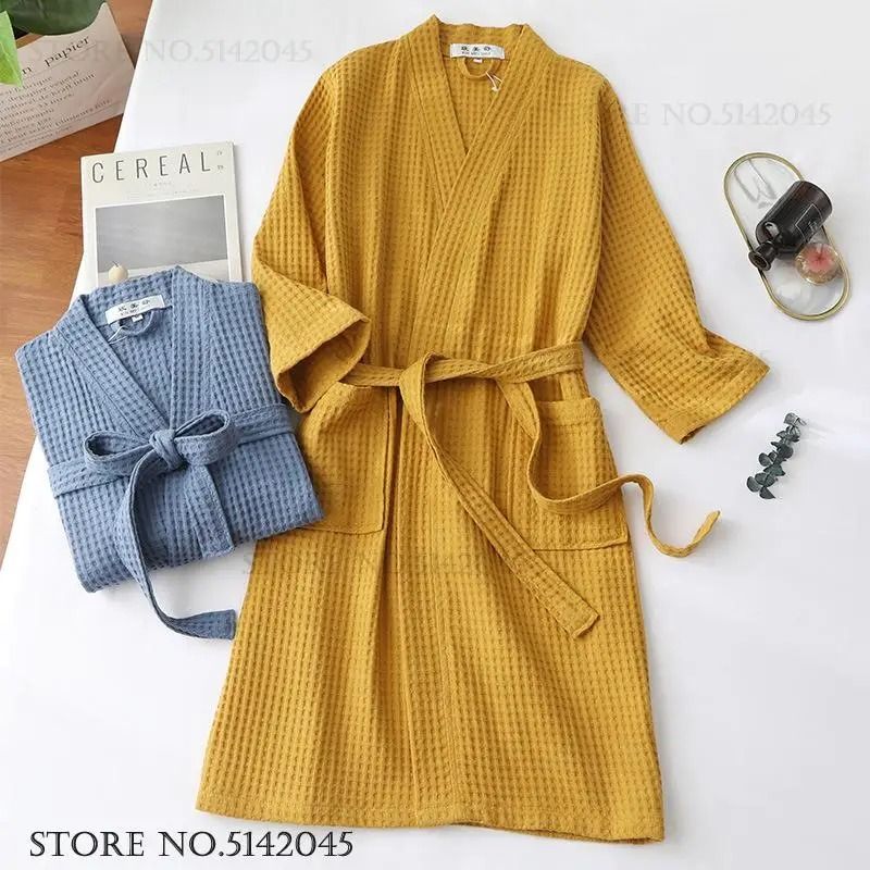 Cotton Waffle Kimono Bathrobe Yukata Style Couple Loungewear