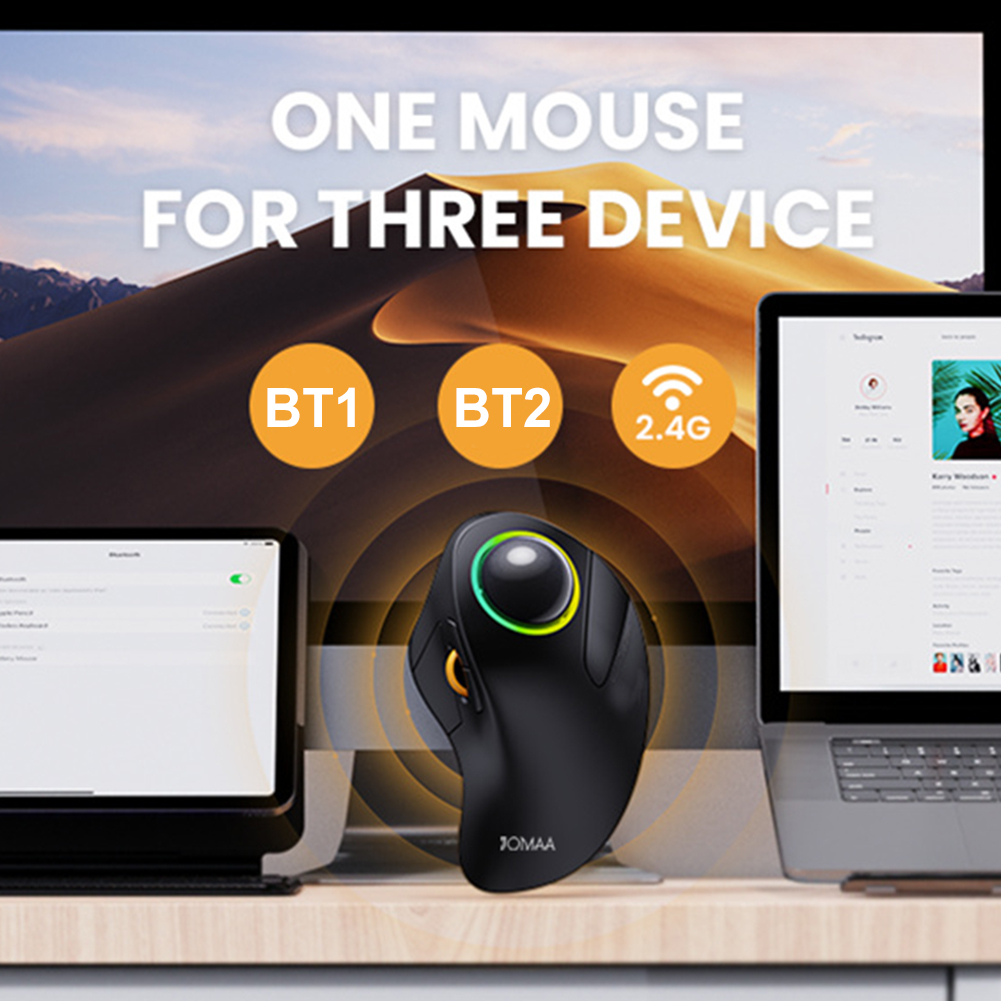 Ergonomic Rollerball Gaming Mouse, Rechargeable Wireless Trackball, & Bluetooth RGB Gear Adjustable