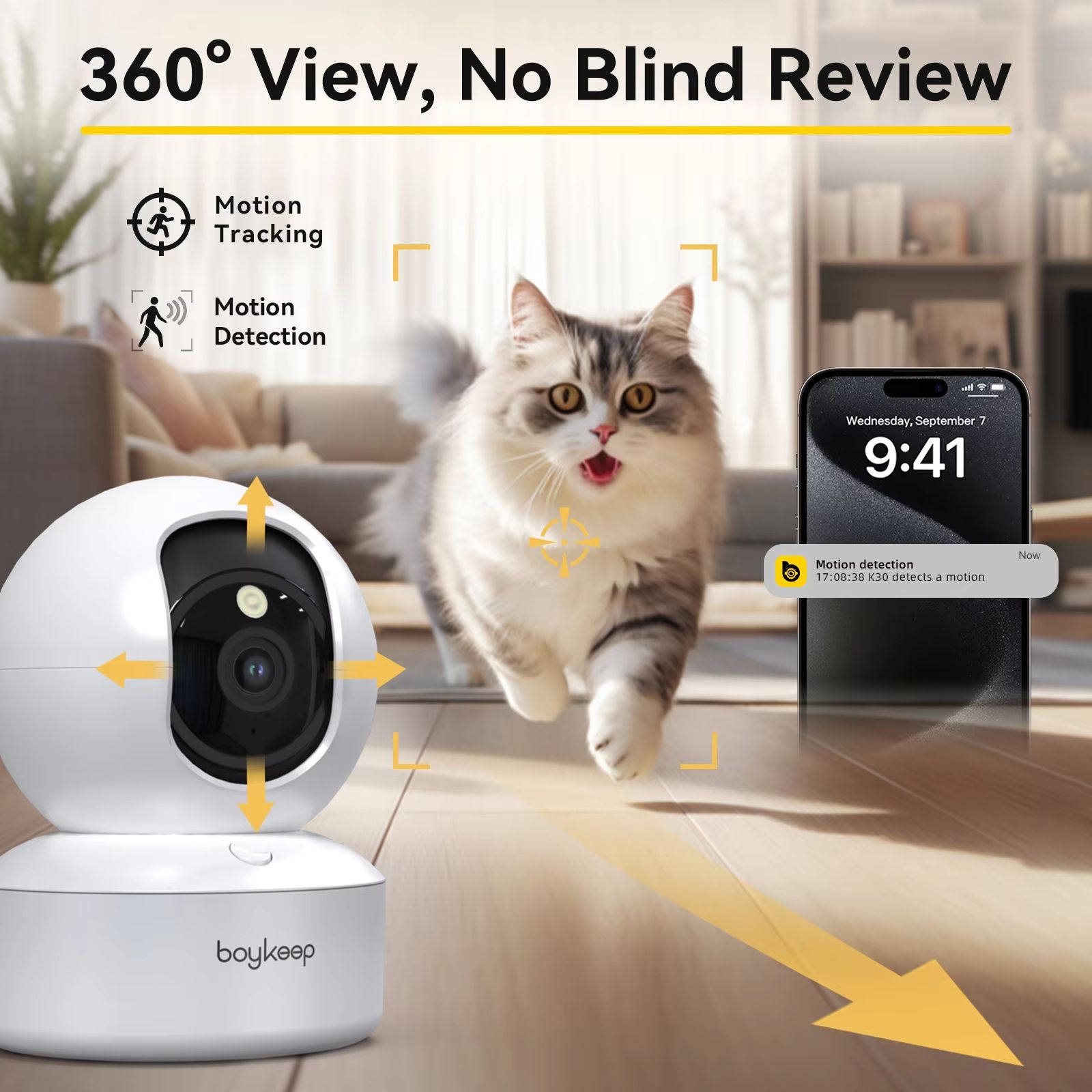 BoyKeep K30 2K Indoor Security Camera, Dual-Band WiFi 360° Pan and Tilt, Color Night Vision, Two-Way Audio