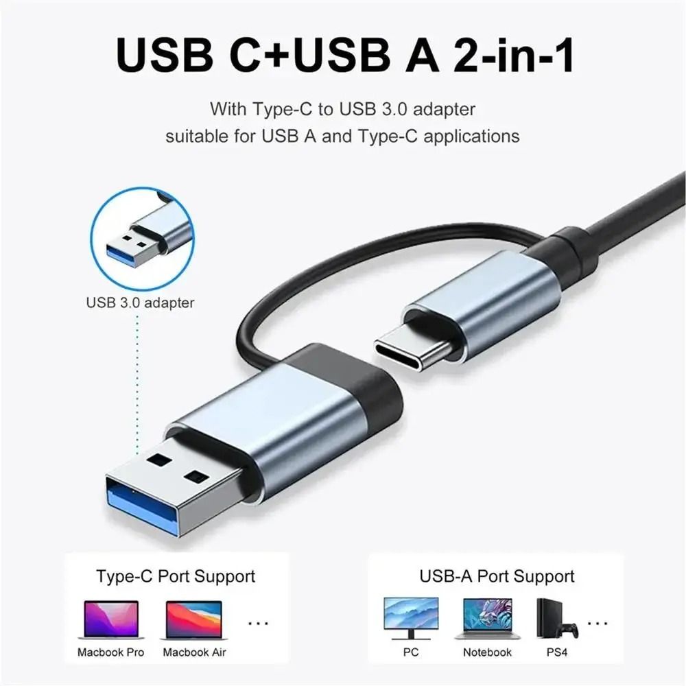 8-in-2 USB 3.0 & USB-C Docking Station – Aluminum Multiport Adapter with SD/TF Card Reader for Laptops & PC