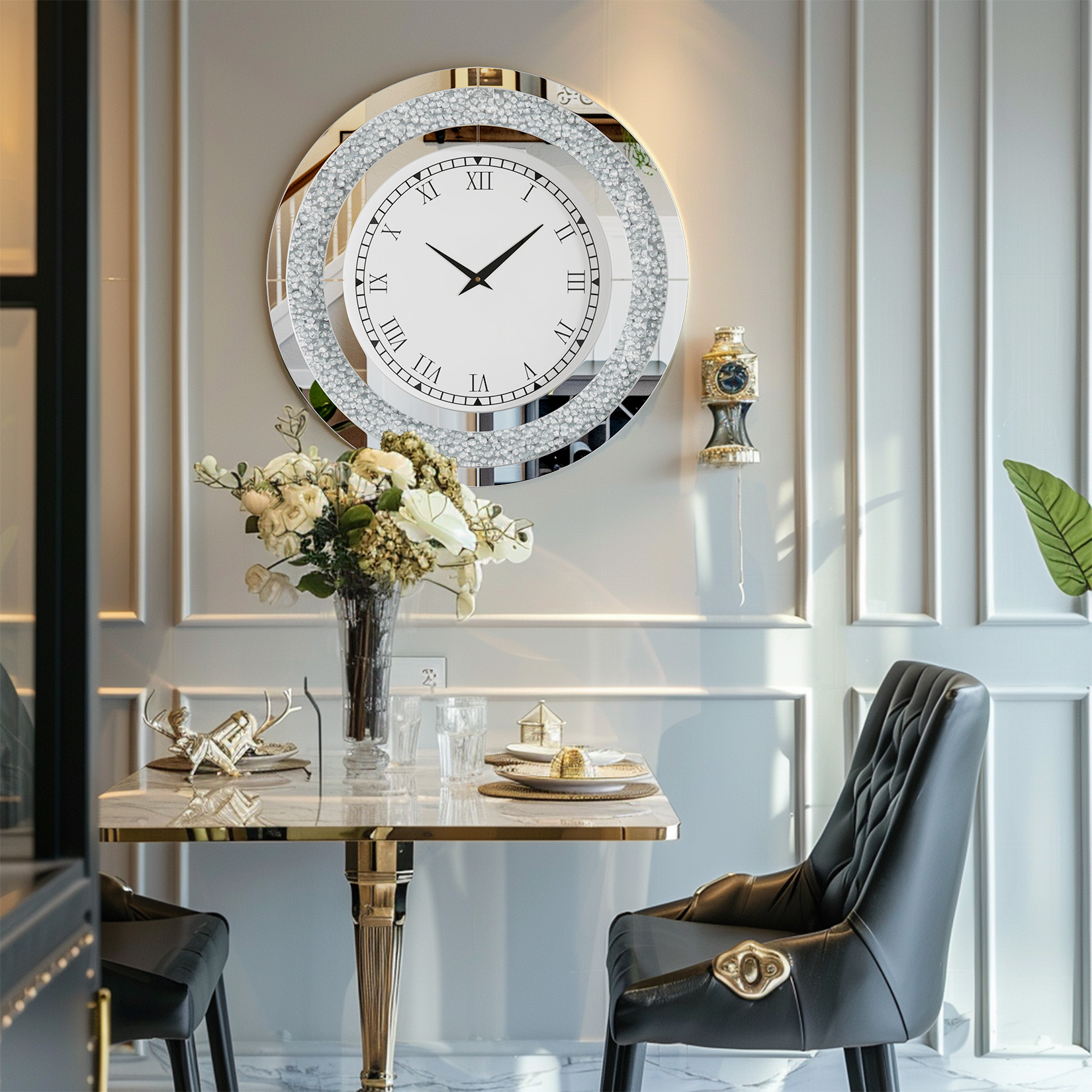 Crystal Sparkle Bling Diamond Wall Clock, Silver Tawny Tinted Round Mirror, Large Luxury Living Room Decorative Clock