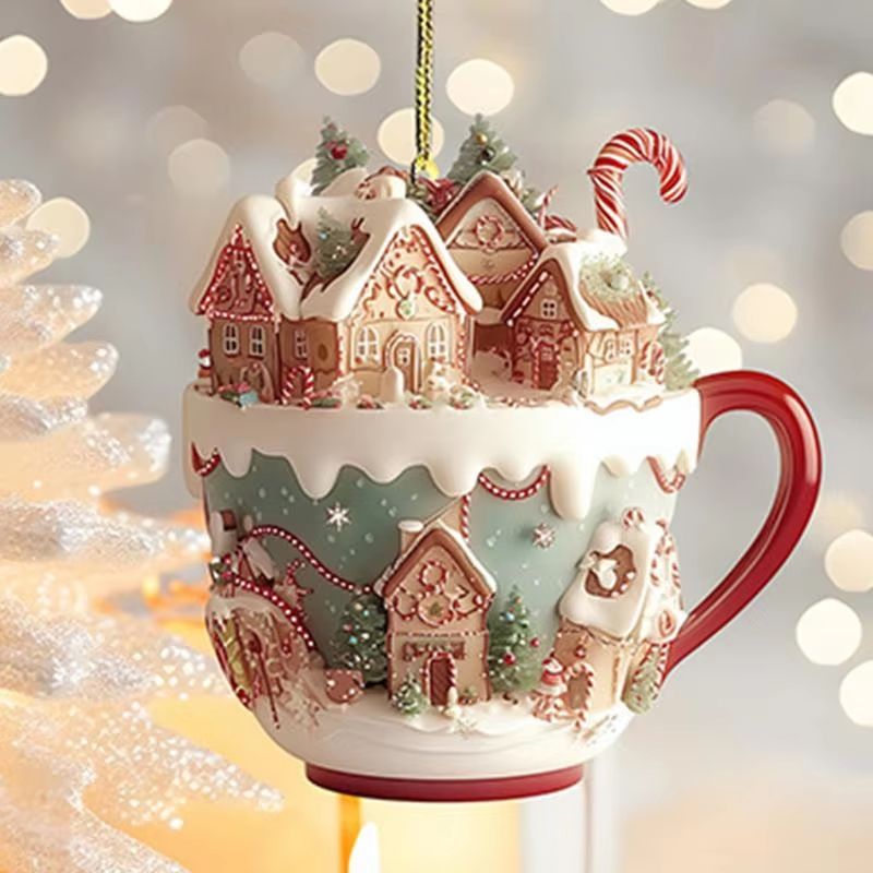 Acrylic Coffee Cup Christmas Ornament 2D Snow House Keychain Pendant Tree Decoration