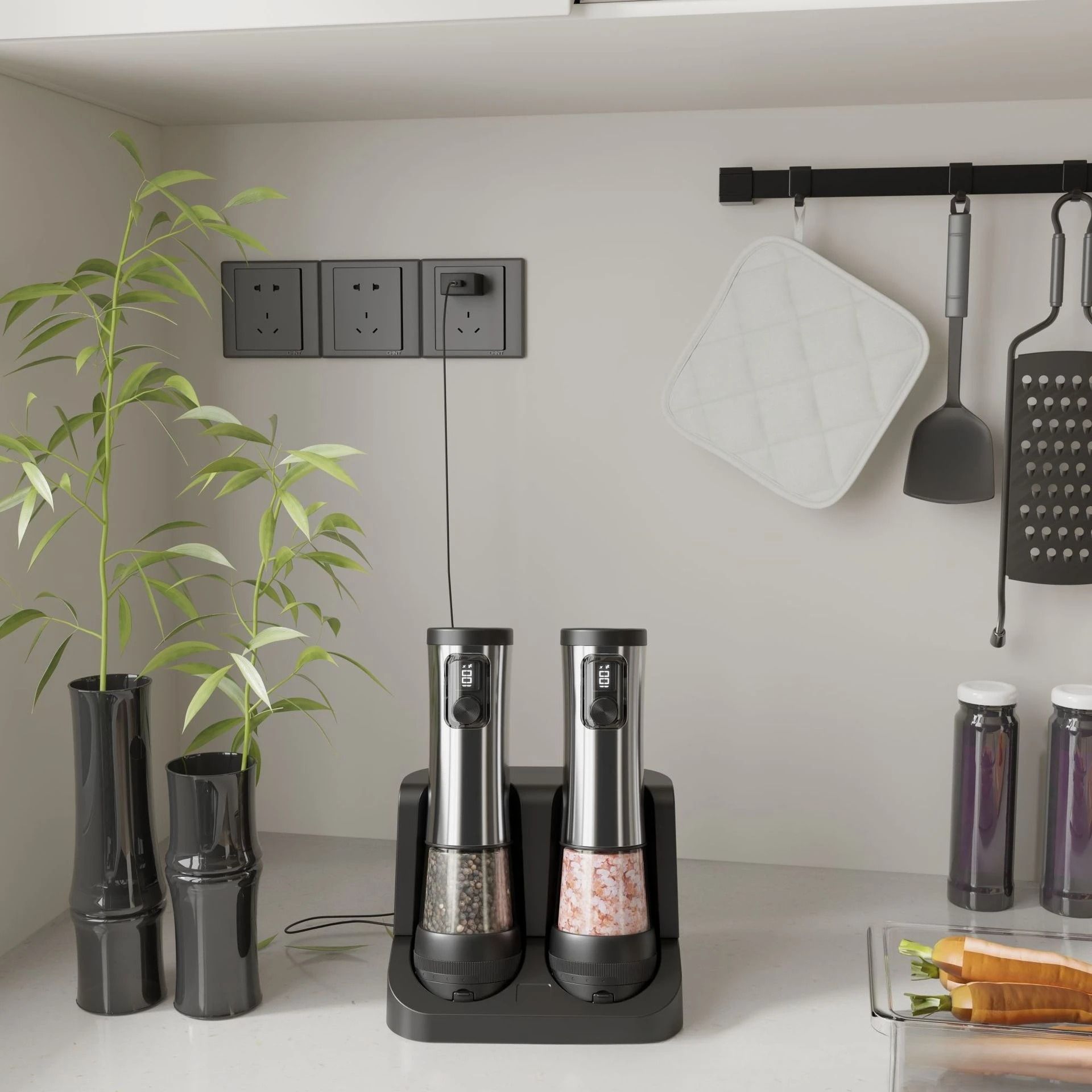 Rechargeable Electric Salt & Pepper Grinder Set – Dual Charging Base & LED Display