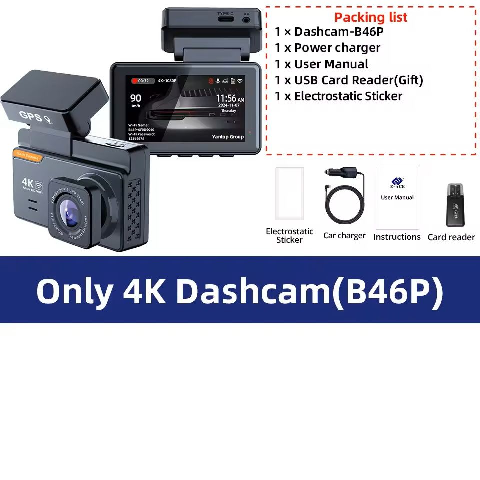 4K Dual Lens Dash Cam with GPS WiFi Night Vision Front and Rear Camera