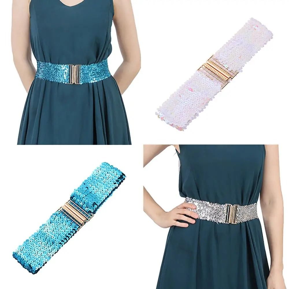 GlamCurve Wide Sequin Elastic Waist Belt with Gold Buckle