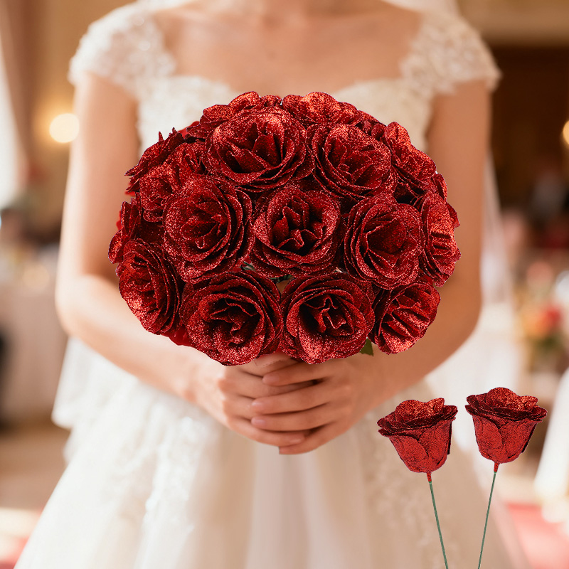 Artificial Glitter Red Rose Flowers Bouquet for Wedding Baby Shower Valentine's Day Home Party Decor DIY Garden