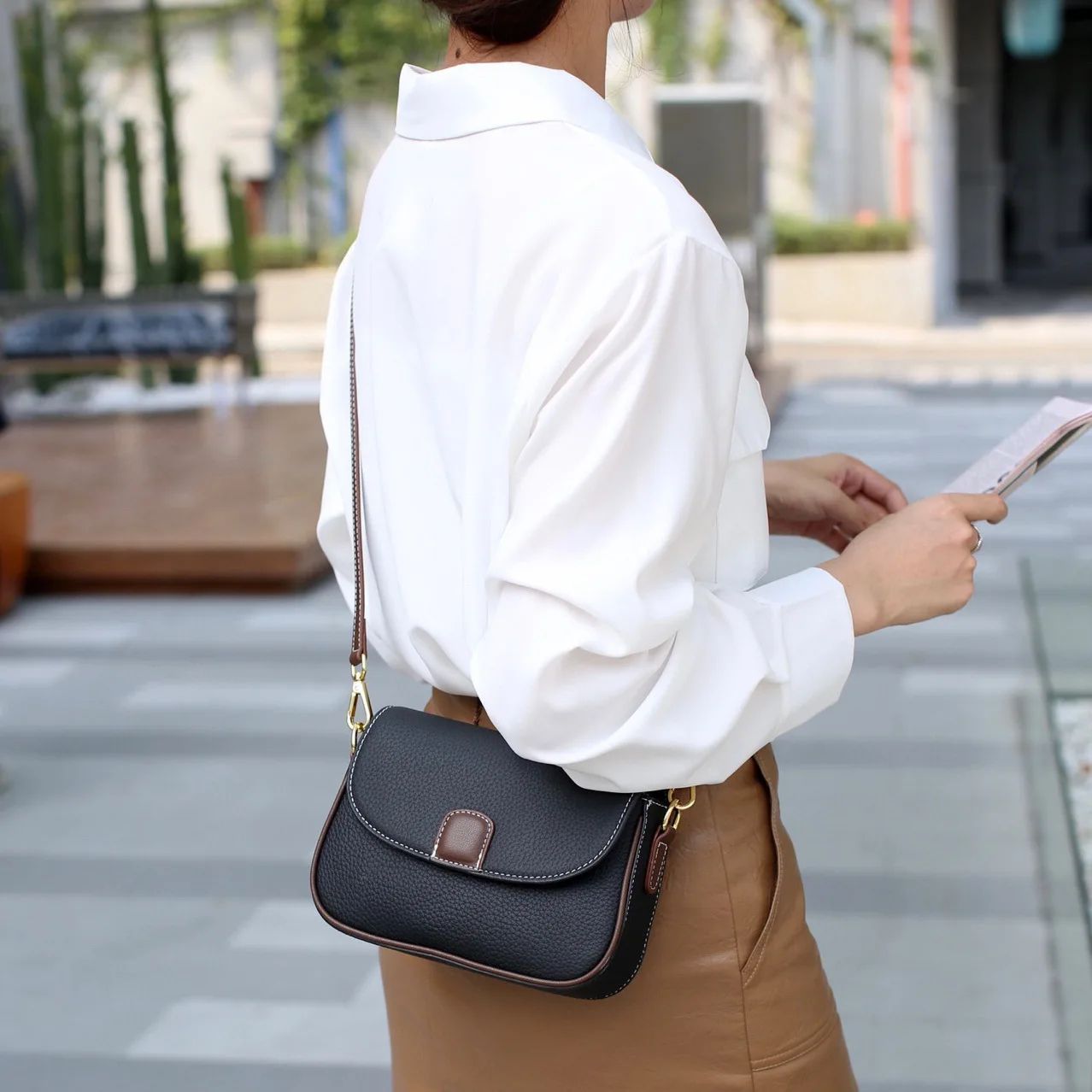 Women's PU Leather Flap Crossbody Bag, Fashion Contrast Color Shoulder Messenger Handbag