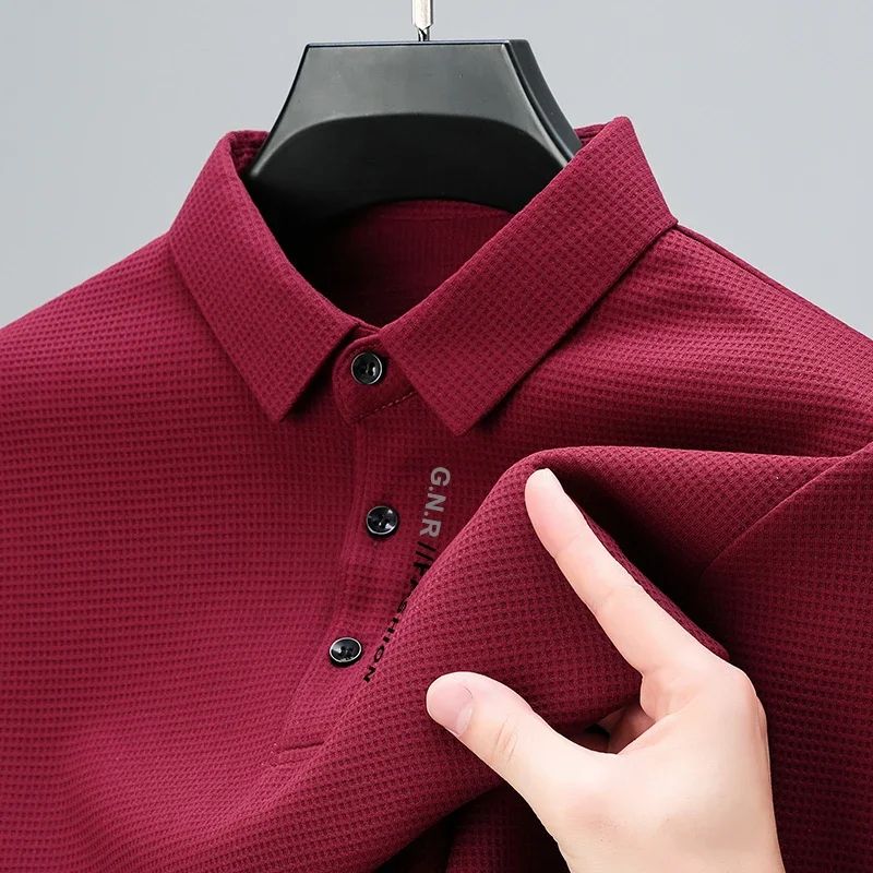 Men's Waffle Knit Polo Shirt – Long Sleeve Casual Letter Print Lapel Top