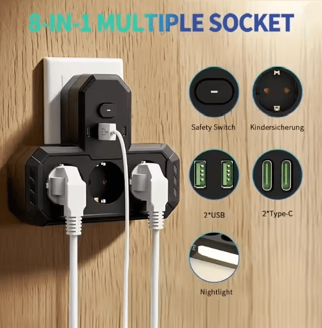 EU Multi Socket Wall Plug Adapter Four Way Power Socket Space Saving Design