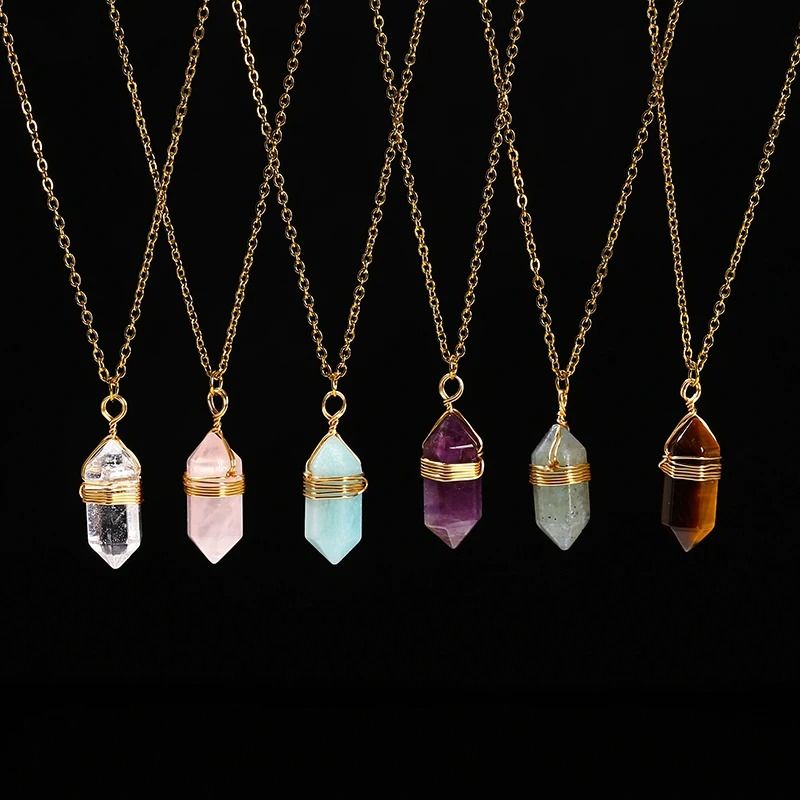 Natural Pink Quartz Amethyst Hexagon Column Pendant Necklace