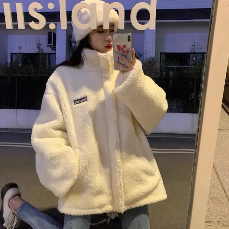 Thickened lamb wool stand collar cotton padded coat women loose fit petite