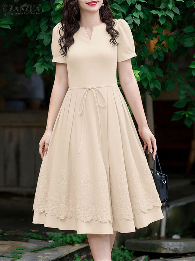 ZANZEA Lace Patchwork Summer Midi Dress with Puff Sleeves – Elegant Casual Sundress for Women